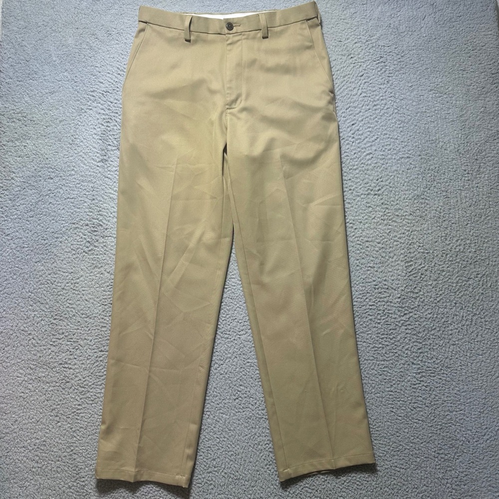 Haggar H26 Mens Khaki Flat Front Polyester Dress Pants Size 34x32 Professional